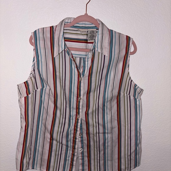 White Stag Sleeveless Button-Down Shirt in White with Multicolor Stripes - Picture 2 of 3